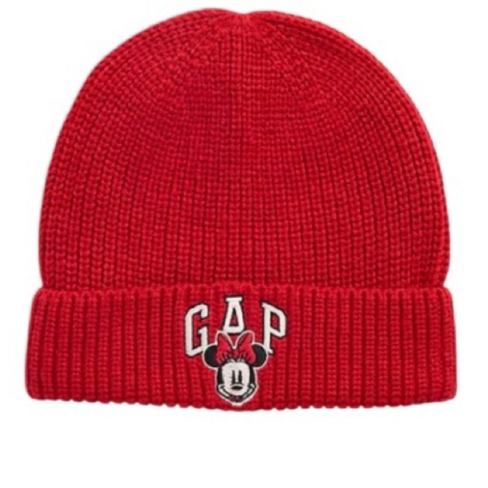 GAP Red Ribbed Knit Beanie with Minnie Mouse Patch